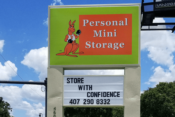 Entrance sign of Personal Mini Storage facility in West Orlando