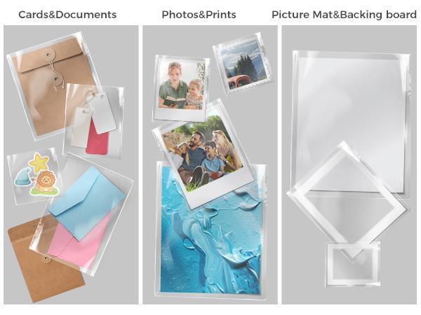 Clear plastic storage sleeves showcasing various items such as envelopes, tags, stickers, and family photos, organized neatly for easy access
